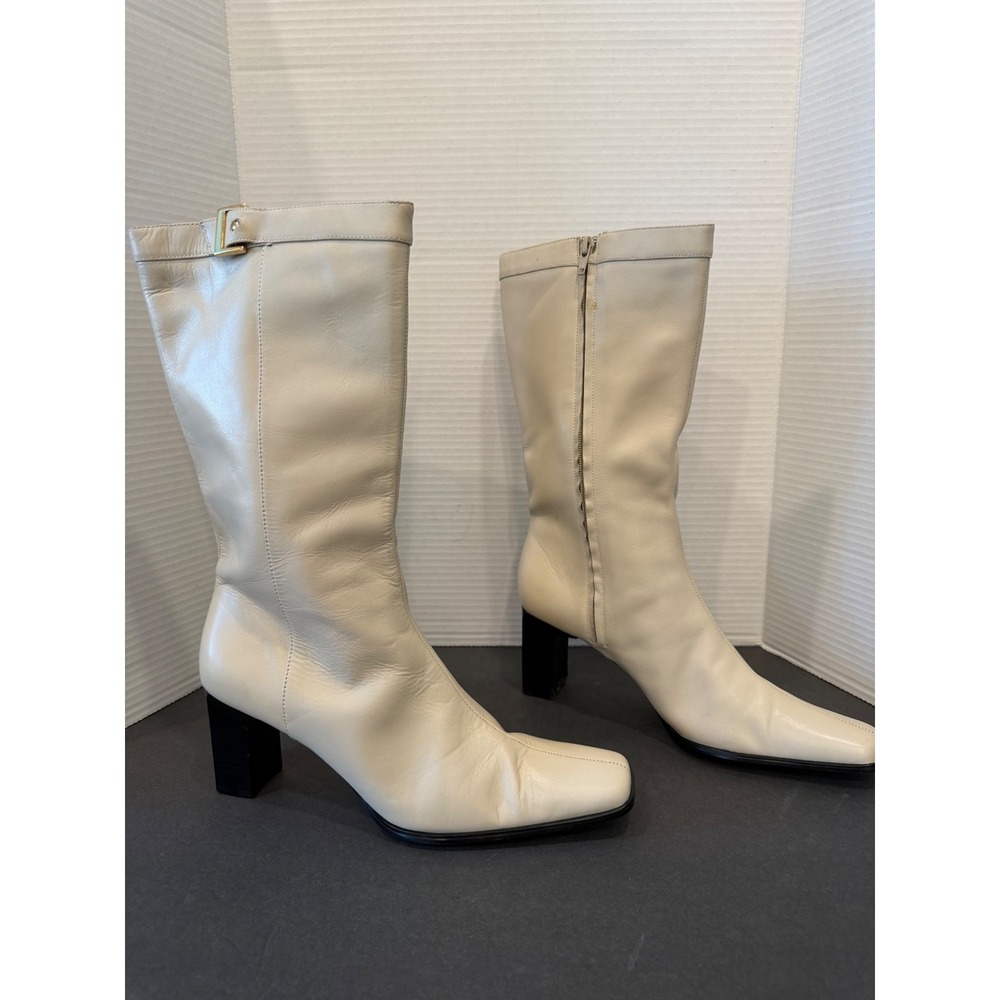 Karen Scott Retro Cream All Leather Mid-Calf Square Toe Block Heel Zip Boots 10 - Picture 3 of 13